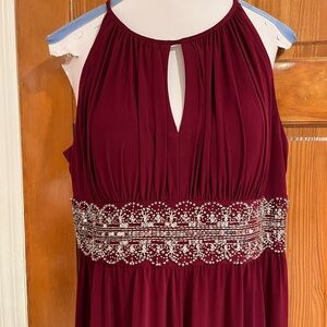 Elegant Burgundy Long Dress with Beaded Waist. Size 14.